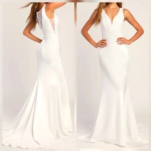 Lulus Long-Lasting Love Ivory Lace V-Neck Mermaid Maxi Dress Wedding Gown